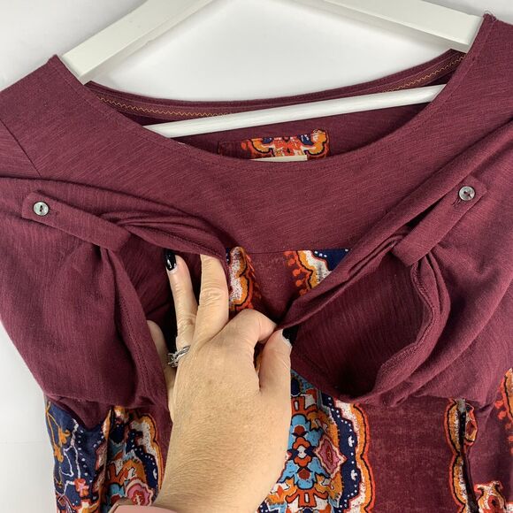Anthropologie Meadow Rue Size S Tunic Top Burgundy Solvo Roll Tab Printed Blouse - Picture 3 of 7
